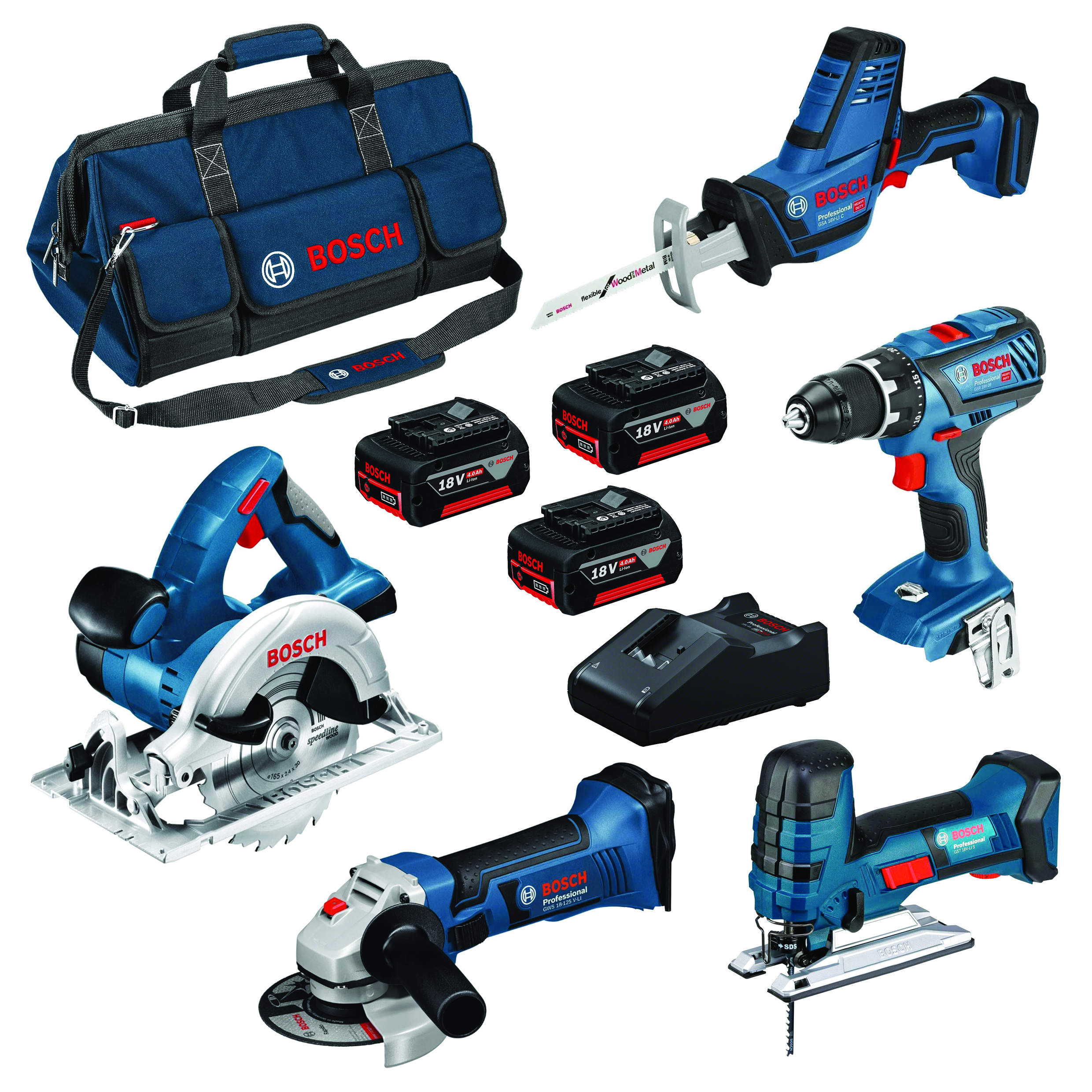 BOSCH - Pack 5 machines sans fil : 1 perceuse-visseuse + 1 scie sauteuse + 1 meuleuse d'angle + 1 scie circulaire + 1 scie sabre + 3 batteries + 1 chargeur - en sac