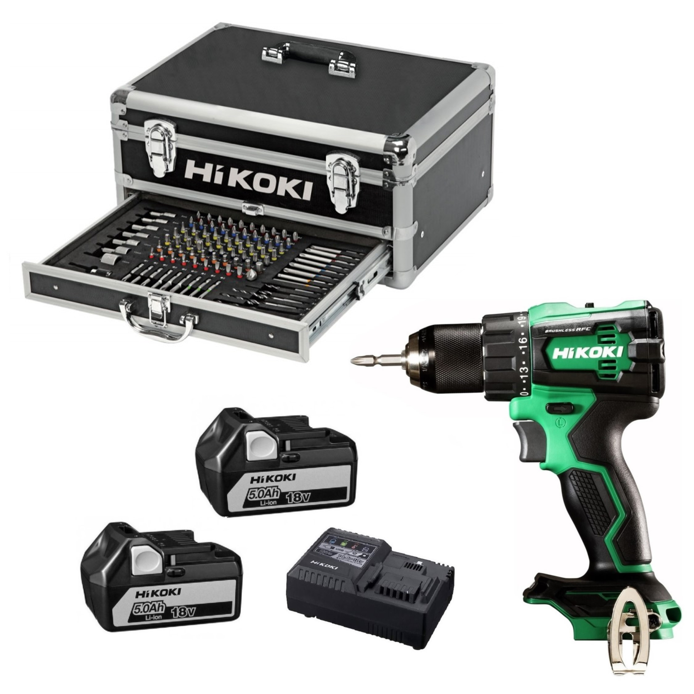 HIKOKI - Perceuse-visseuse sans fil DV18DEW + 2 batteries 18V 5Ah + 1 chargeur + 100 accessoires - en coffret