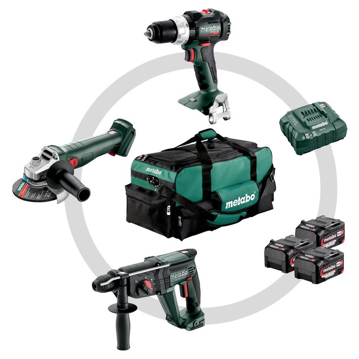 METABO - Pack 3 machines sans fil : 1 perceuse à percussion + 1 meuleuse d'angle + 1 marteau + 3 batteries + 1 chargeur - en sac