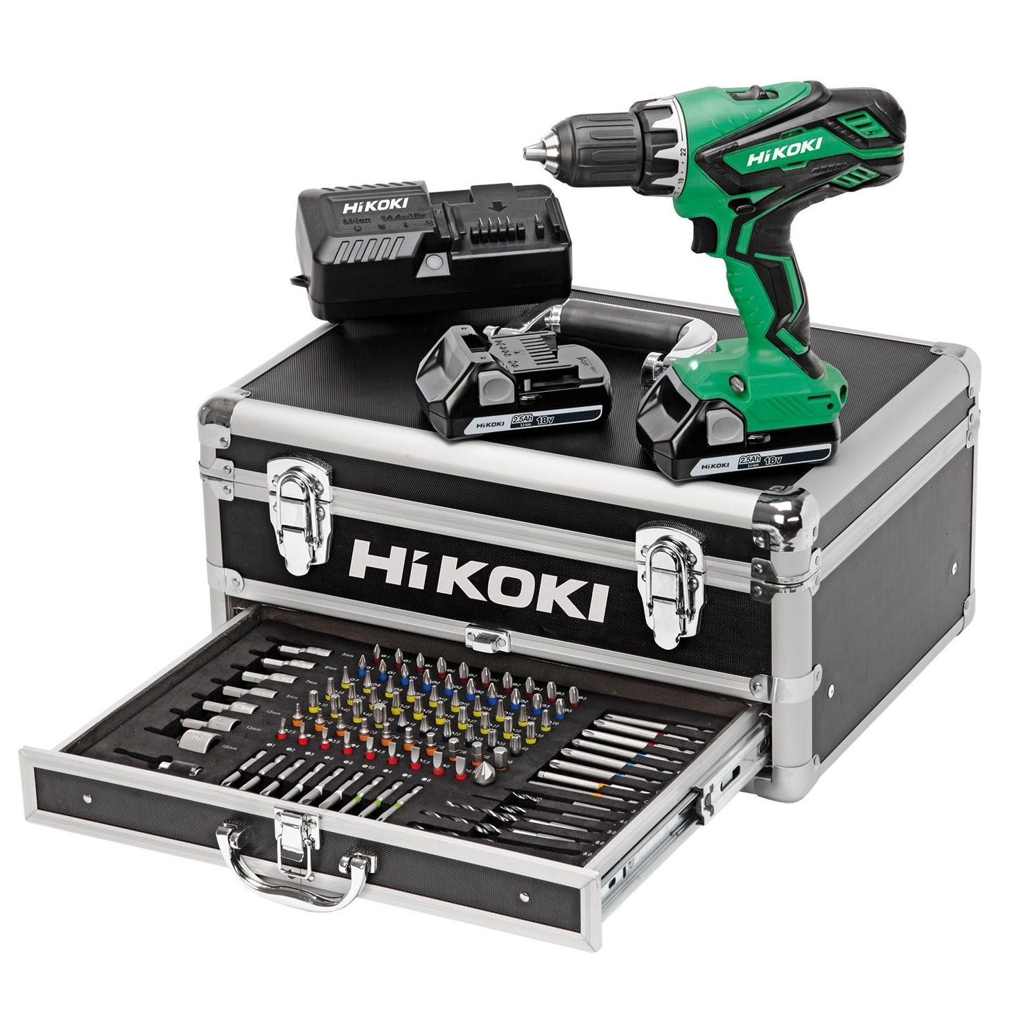 HIKOKI - Perceuse-visseuse sans fil KC18DJLFZ + 2 batteries 18V 2.5Ah + 1 chargeur + 100 accessoires - en coffret