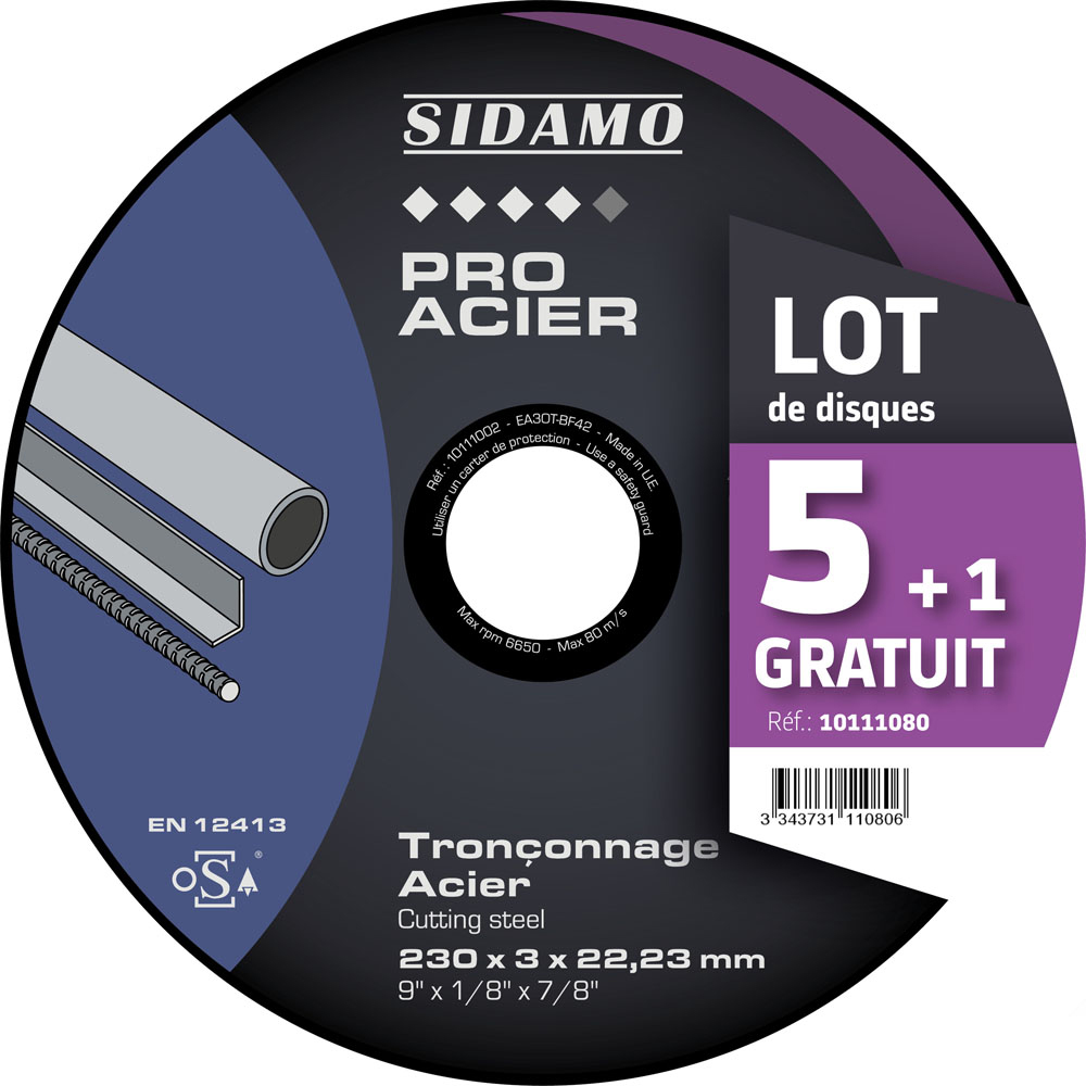 SIDAMO - Disque à tronçonner Pro Acier ø230mm - vendu par 5 + 1 gratuit