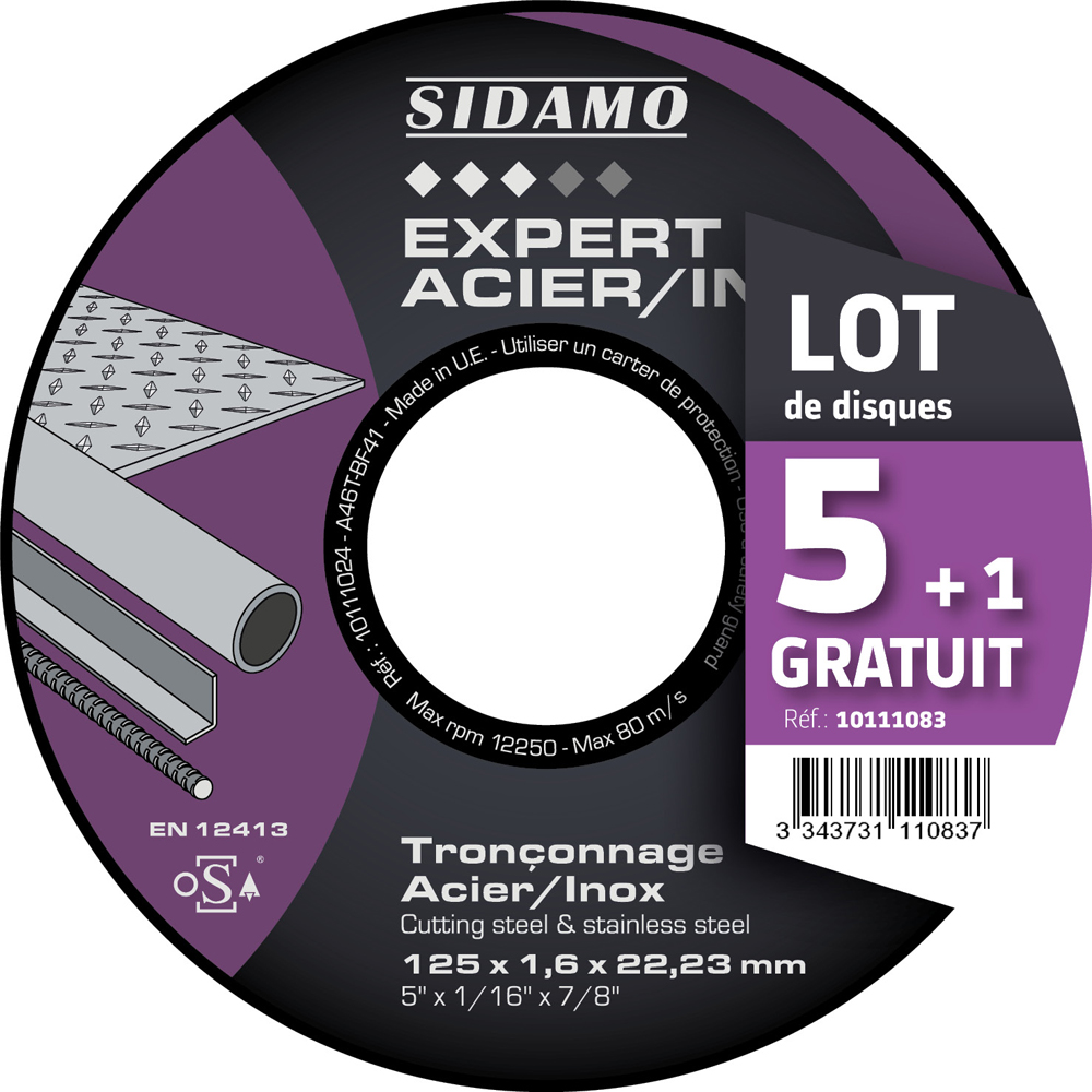 SIDAMO - Disque à tronçonner Expert Acier/Inox ø125mm - vendu par 5 + 1 gratuit