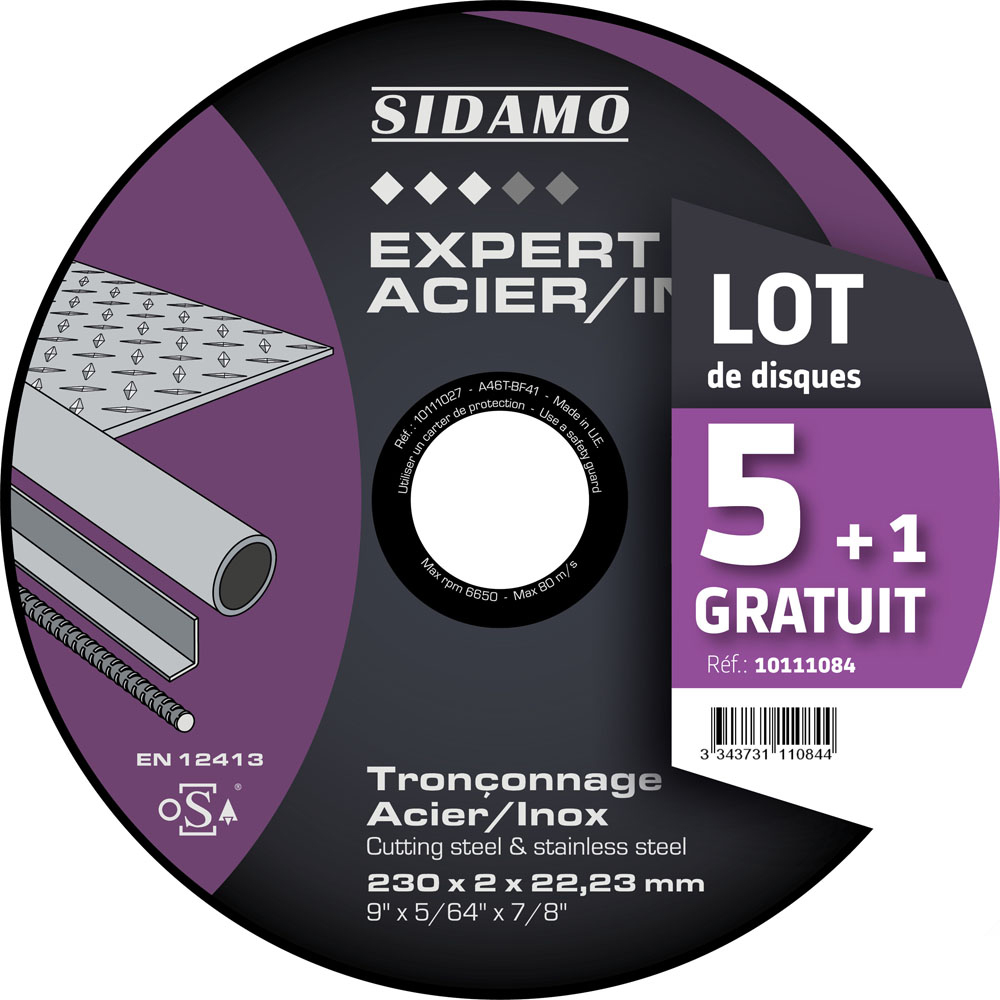 SIDAMO - Disque à tronçonner Expert Acier/Inox ø230mm - vendu par 5 + 1 gratuit